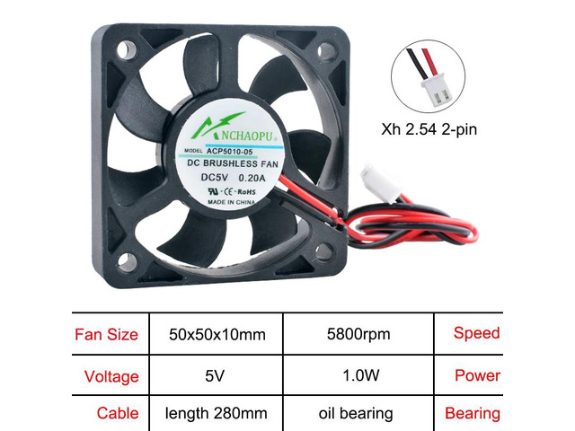 ACP5010 2-pin 50x50x10mm axial fan, multi-voltage DC 5V, oil-impregnated bearing industrial equipment cooling fan.