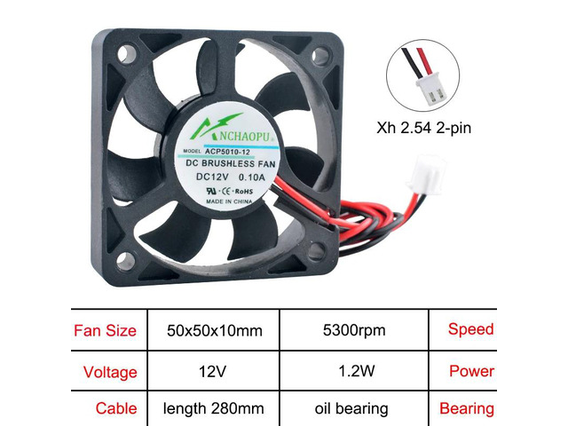 ACP5010 2-pin 50x50x10mm axial fan, multi-voltage DC12V, oil-impregnated bearing industrial equipment cooling fan.