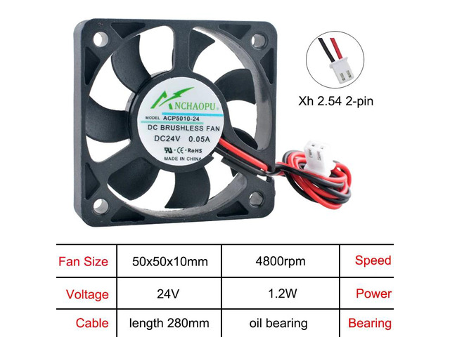 ACP5010 2-pin 50x50x10mm axial fan, multi-voltage DC24V, oil-impregnated bearing industrial equipment cooling fan.