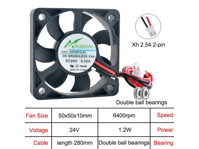 ACP5010 2-pin 50x50x10mm axial fan, multi-voltage DC24V, dual-ball industrial equipment cooling fan.