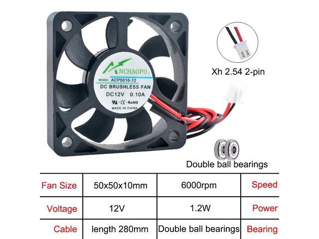 ACP5010 2-pin 50x50x10mm axial fan, multi-voltage DC12V, dual-ball industrial equipment cooling fan.