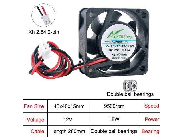 ACP4015 4cm (40mm) Axial Fan 40x40x15mm Power Printer Cooling Fan DC12V Dual Ball 2-Pin Fan