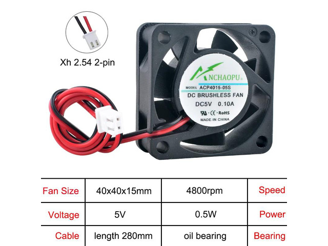 ACP4015 4cm (40mm) Axial Fan 40x40x15mm Power Printer Cooling Fan DC5V Oil-bearing 2-pin Fan