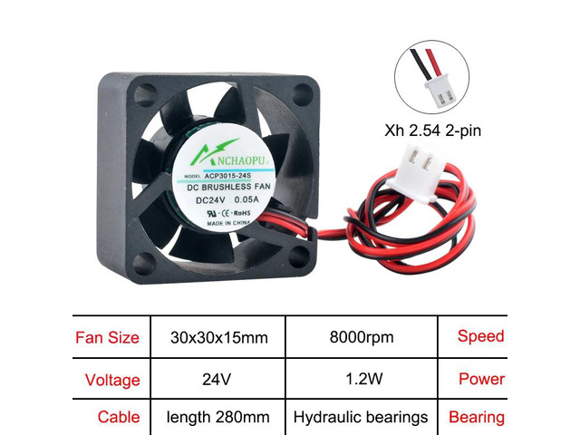 ACP3015 3cm (30mm) Miniature Axial Fan, 30x30x15mm, for CPU and Power Supply Cooling in Chassis, DC24V, xh2.54, 2-pin.