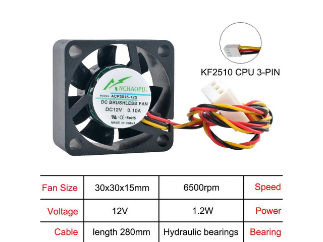 ACP3015 3cm (30mm) Miniature Axial Fan, 30x30x15mm, for CPU and Power Supply Cooling in 30mm Chassis, DC12V, KF2510 CPU 3-pin.