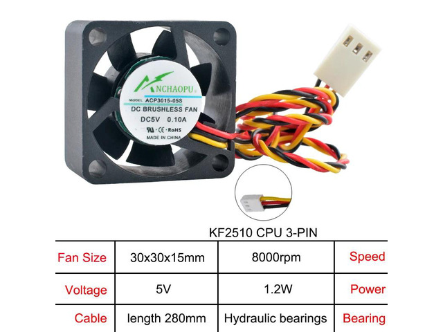 ACP3015 3cm (30mm) Miniature Axial Fan, 30x30x15mm, for CPU and Power Supply Cooling in 30-inch Chassis, DC5V, KF2510 CPU 3-pin.