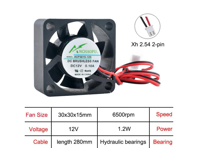 ACP3015 3cm (30mm) Miniature Axial Fan, 30x30x15mm, for CPU and Power Supply Cooling, DC12V, xh2.54, 2-pin.