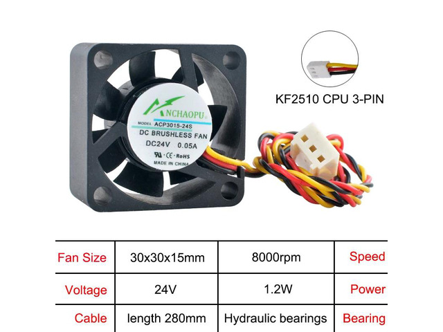 ACP3015 3cm (30mm) Miniature Axial Fan, 30x30x15mm, for CPU and Power Supply Cooling in 30mm Cases, DC24V, KF2510 CPU 3-pin.