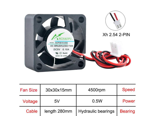 ACP3015 3cm (30mm) Miniature Axial Fan, 30x30x15mm, for CPU and Power Supply Cooling, DC5V xh2.54 2-pin.
