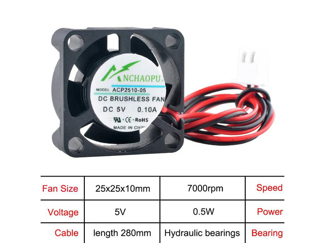 ACP2510 2.5cm 25mm Fan (25x25x10mm), DC5V Hydraulic 2PIN Miniature Axial Fan, suitable for cooling devices such as projectors, Raspberry Pi, and...
