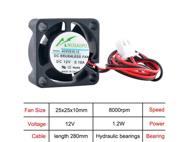 ACP2510 2.5cm 25mm Fan (25x25x10mm), DC12V Hydraulic 2PIN Miniature Axial Fan, suitable for cooling devices such as projectors, Raspberry Pi, and...