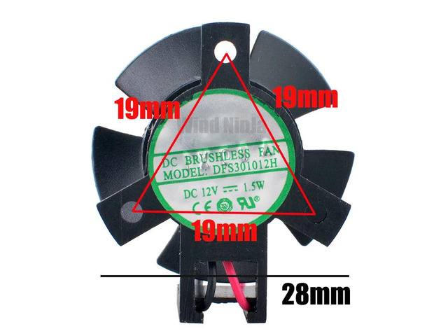 DFS301012H 28mm diameter cooling fan, 19x19x19mm hole spacing, DC12V 1.5W, 2-pin, suitable for routers and industrial computer CPUs.