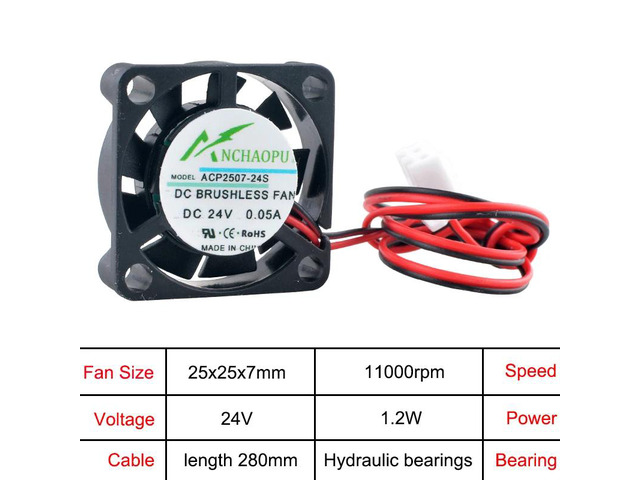 25mm ultra-thin cooling fan, 2.5cm (25x25x7mm), 2-pin Micro DC24V compatible printer power supply.