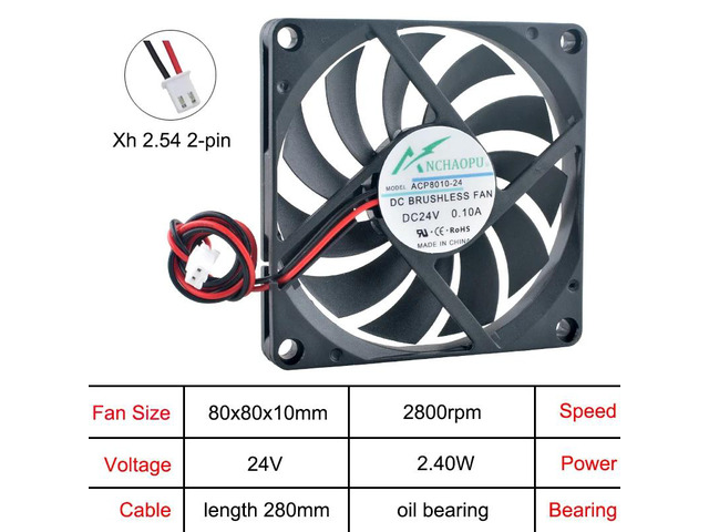 (3 units) ACP8010 Ultra-thin 8cm/80mm Cooling Fan (80x80x10mm), DC24V with oil-lubricated 2-pin connector, suitable for CPU power supply and...