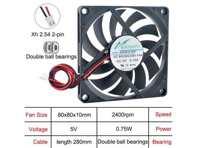 (3 units) ACP8010 Ultra-thin 8cm/80mm Cooling Fan (80x80x10mm), DC5V Dual Ball 2-pin, suitable for CPU power supply and chassis cooling.