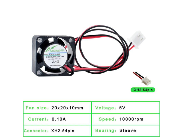 ACP2010 2cm 20mm Miniature Cooling Fan (20x20x10mm), DC5V 0.10A 10000rpm, 2-pin Power Monitoring Charger