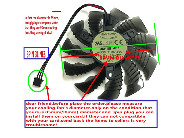 The 85mm T129215SU is a GPU VGA cooling fan for GTX 960, GTX 950, GV-N960IX, GV-N950OC, GV-N950CN, and GV-N950D5 graphics cards (3-pin, 3-line...