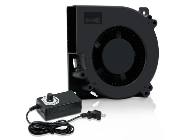 120mm AC computer fan blower, 12cm (120x120x32mm), centrifugal type, 120V/220V to 3V/12V 2A, with speed controller (blower with EU plug).