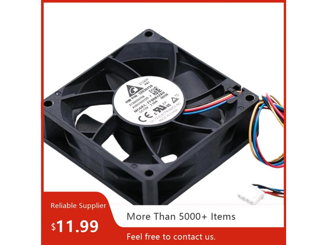 An 80mm case fan for the FFB0812XH, measuring 80x80x25mm, 12V 2A, dual ball bearing high-speed PWM cooling fan.