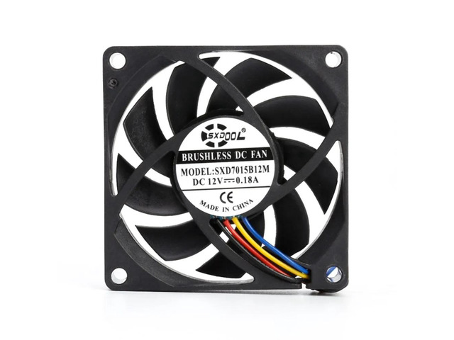 Two 70mm SXD7015B12M PWM cooling fans, 12V, 0.18A, 3000RPM, 24.5CFM, dual ball bearings, 4-pin connector, CPU.