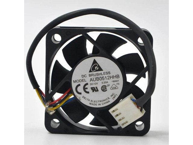 Two 5cm axial chassis fans, suitable for servers and industrial PCs, model AUB0512HHB, dimensions 50mm x 15mm, DC 12V PWM cooling, speed 6400 RPM.
