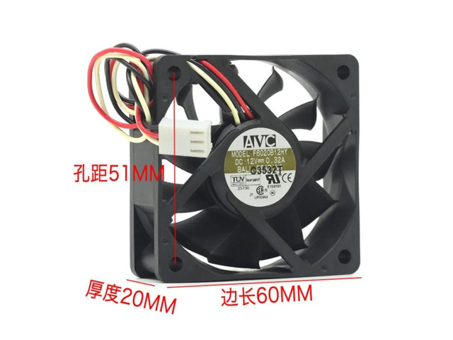 The 6 cm axial fan for the F6020B12HY measures 60 mm x 20 mm, operates at 12 volts DC, and is 0.32 amps. It features dual ball bearings and a speed...