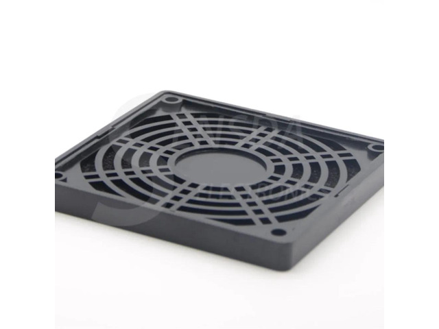 Two 90mm dust filters for axial cooling fans, black, suitable for computer, electronics and industrial applications.