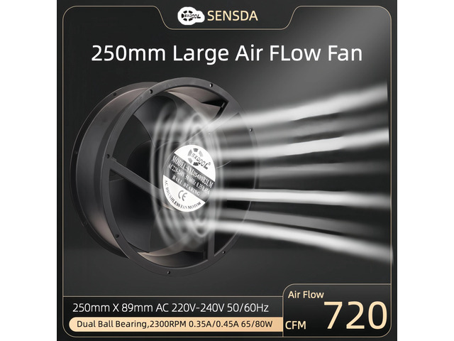25cm Axial Fan, 254mm x 89mm, AC 220V 50/60Hz, 2300 RPM, 720 CFM, Dual Ball Bearings, Metal Frame, PBT Blades