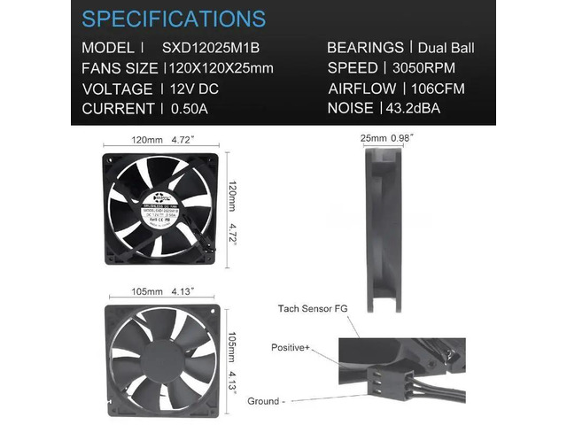 Waterproof Cooling Fan Series - DC 12V Dual Ball Bearing - Dustproof and Moisture-proof - Dimensions: 120mm x 25mm