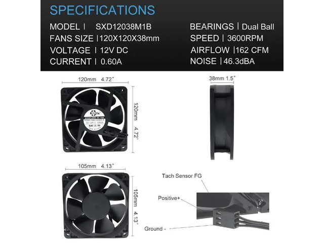 Waterproof Cooling Fan Series - DC 12V Dual Ball Bearing - Dustproof and Moisture-proof - Dimensions: 120mm x 38mm