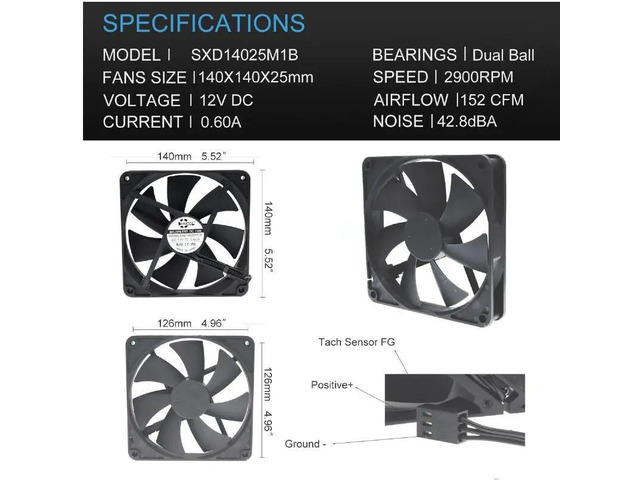 Waterproof Cooling Fan Series - DC 12V Dual Ball Bearing - Dustproof and Moisture-proof - Dimensions: 140mm x 25mm