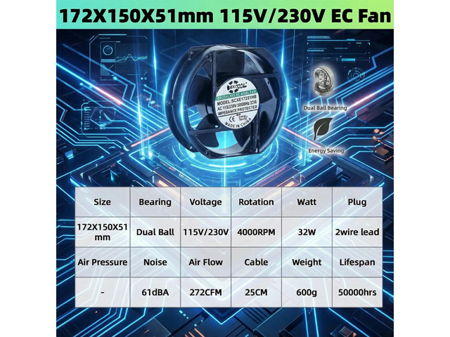 High-efficiency EC cooling fan Brushless motor High speed 17251 115V 230V universal voltage Long-life dual ball bearing