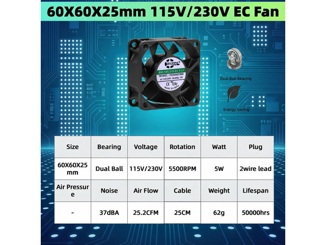 High-efficiency EC cooling fan Brushless motor High speed 6025 115V 230V universal voltage Long-life dual ball bearing