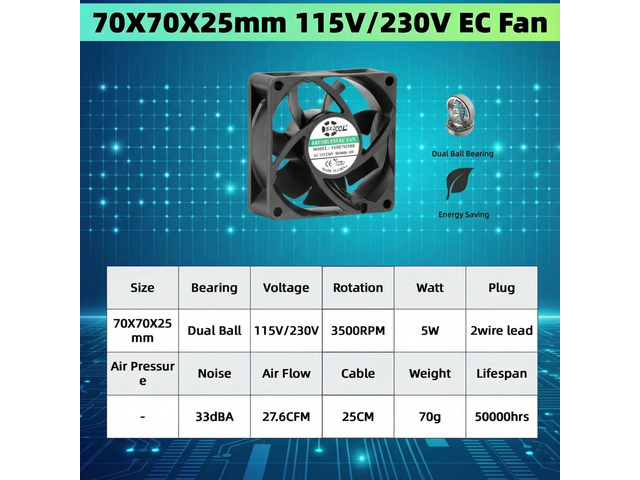 High-efficiency EC cooling fan Brushless motor High speed 7025 115V 230V universal voltage Long-life dual ball bearing