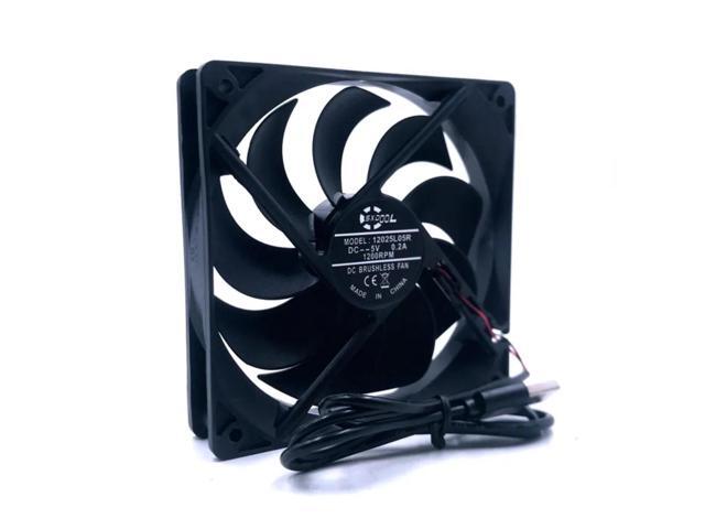 One DC 5V fan, USB interface, 1200rpm speed, 120mm in size (120x120x25mm), model 12025S, brushless motor, 12cm cooling fan.