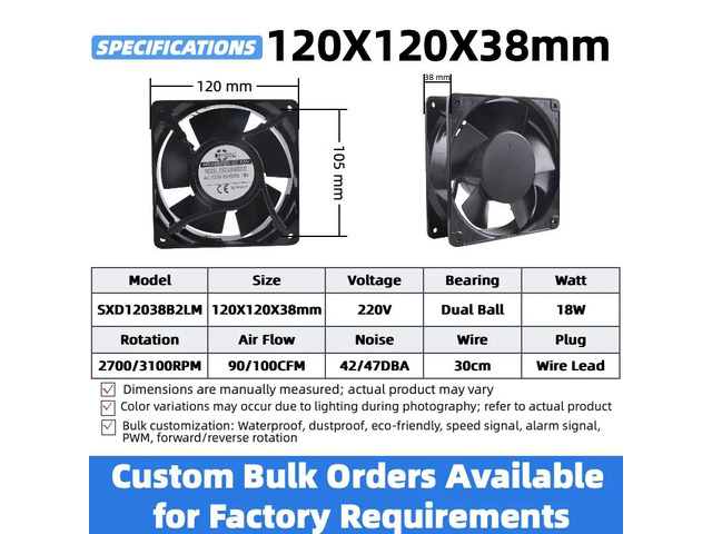 120mm Industrial Metal High-Temperature Cooling Fan, 220V High-Speed Dual Ball Fan, Suitable for Server/PC/CNC/Machine Cooling