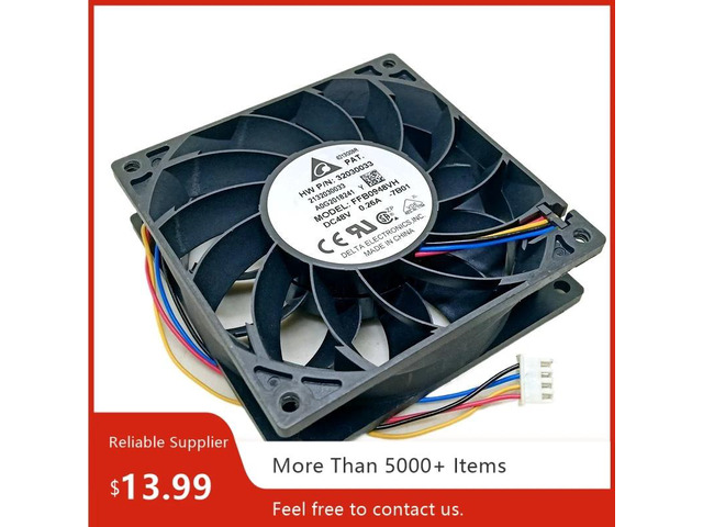 A 92mm 48V fan with an airflow of 81.97 CFM, dual ball bearings, suitable for server and industrial cooling systems, compatible with the FFB0948VH...