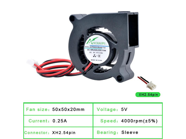 ACP5020 - Blower Fan 5cm 50mm, Fan 50x50x20mm, DC5V, Sleeve, 4000rpm, Turbine Blower Cooling Fan, Suitable for Projectors and 3D Printers