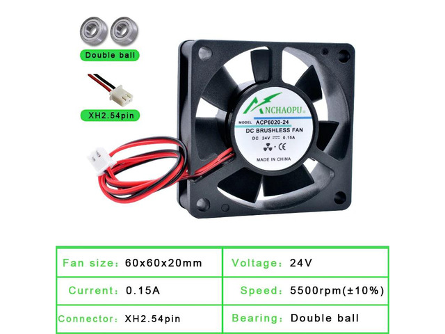 ACP6020 6cm 60mm Fan (60x60x20mm), DC24V Dual Ball 2-Pin Cooling Fan, suitable for computer cases, power supplies, chargers, and inverters.