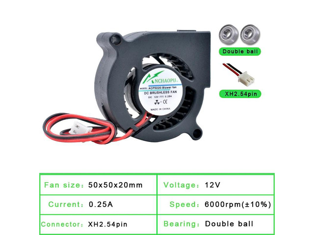 ACP5020 - Blower Fan 5cm 50mm Fan 50x50x20mm DC 12V 2-ball 6000rpm Turbine Blower Cooling Fan, Suitable for Projectors and 3D Printers