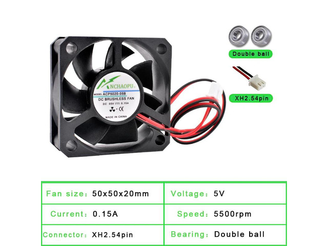ACP5020 5cm 50mm Fan (50x50x20mm), DC5V Dual Ball 2-Pin Cooling Fan, suitable for power supplies, chargers, printers, and inverters.