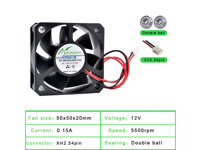ACP5020 5cm 50mm Fan (50x50x20mm), DC12V Dual Ball 2-Pin Cooling Fan, suitable for power supplies, chargers, printers, and inverters.