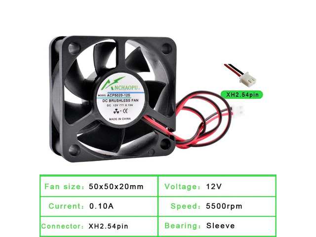 ACP5020 5cm 50mm Fan (50x50x20mm), DC12V, 2-pin sleeve cooling fan, suitable for power supplies, chargers, printers, and inverters.