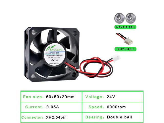 ACP5020 5cm 50mm Fan (50x50x20mm), DC24V Dual Ball 2-Pin Cooling Fan, suitable for power supplies, chargers, printers, and inverters.