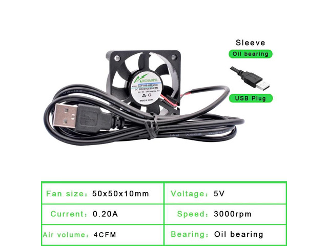 50x50x10mm sleeve DC5V USB interface silent cooling fan, suitable for DIY cooling routers, game consoles, TV boxes, and other power supplies.