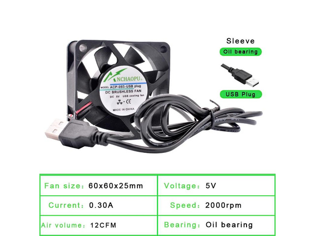 60x60x25mm sleeve DC5V USB interface silent cooling fan, suitable for DIY cooling routers, game consoles, TV boxes, and other power supplies.