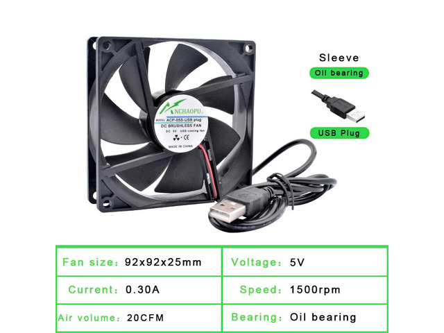 92x92x25mm sleeve DC5V USB interface silent cooling fan, suitable for DIY cooling routers, game consoles, TV boxes, and other power supplies.