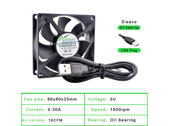 80x80x25mm sleeve DC5V USB interface silent cooling fan, suitable for DIY cooling routers, game consoles, TV boxes, and other power supplies.