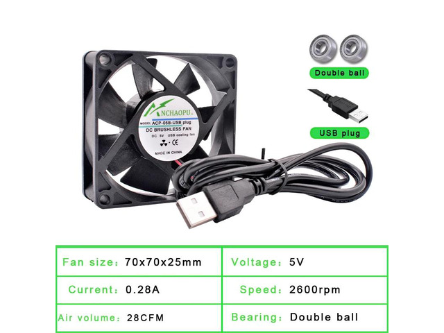 Two 70x70x25mm DC5V USB interface silent cooling fans, suitable for DIY cooling routers, game consoles, TV boxes, and other power supplies.