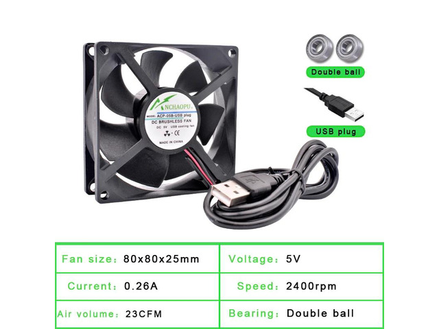 Two 80x80x25mm spherical DC5V USB interface silent cooling fans, suitable for DIY cooling routers, game consoles, TV boxes, and other power supplies.